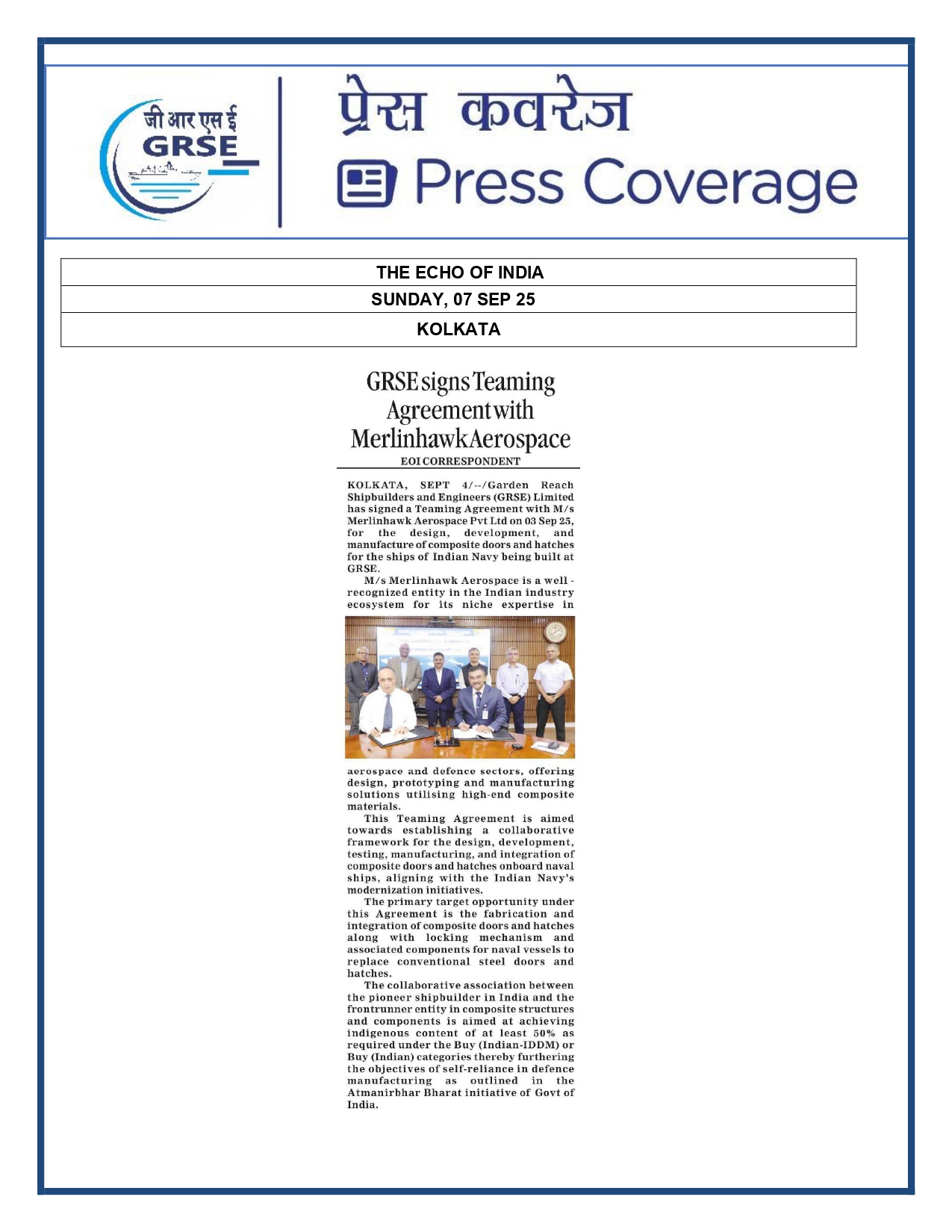 07 Sept 25:GRSE signs teaming agreement with Merlinhawk Aerospace